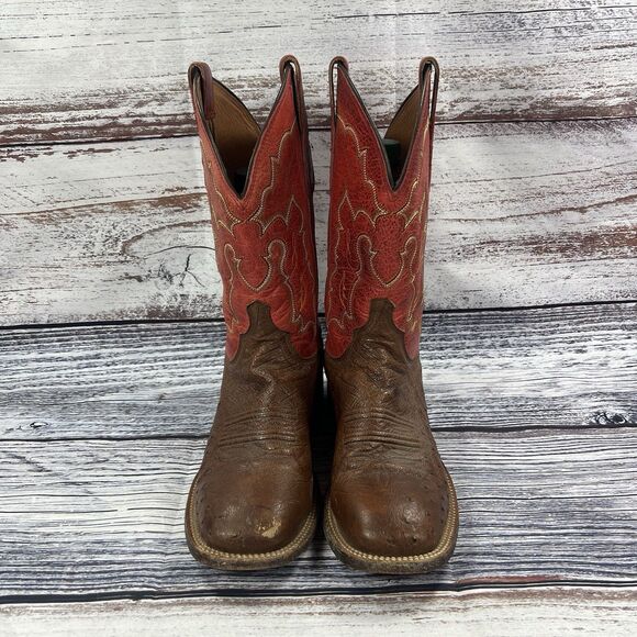 Lucchese Smooth Ostrich Red Brown Leather Square Toe Cowboy Boots M1805 Mens 8.5 - Picture 2 of 12